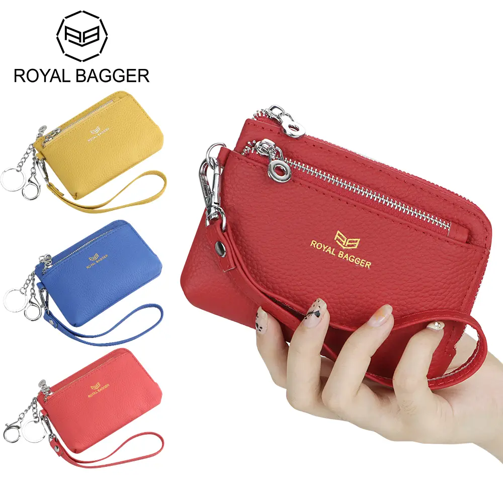 Royal Bagger RFID Coin Purse with Keychain, Genuine Leather Multi Zipper Clutch Wallet, Portable Wristlet Card Holder 1903-1, Multi Functional Wristlet, Removable Wristlet