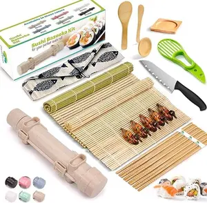 Sushi Making Kit, 22 in 1 Sushi Roller Maker Bazooker Kit with Bamboo Mats, Chef's Knife, Chopsticks, Sauce Dishes, Rice Spreader, Avocado Slicer for Beginners, Family, Friends, Home