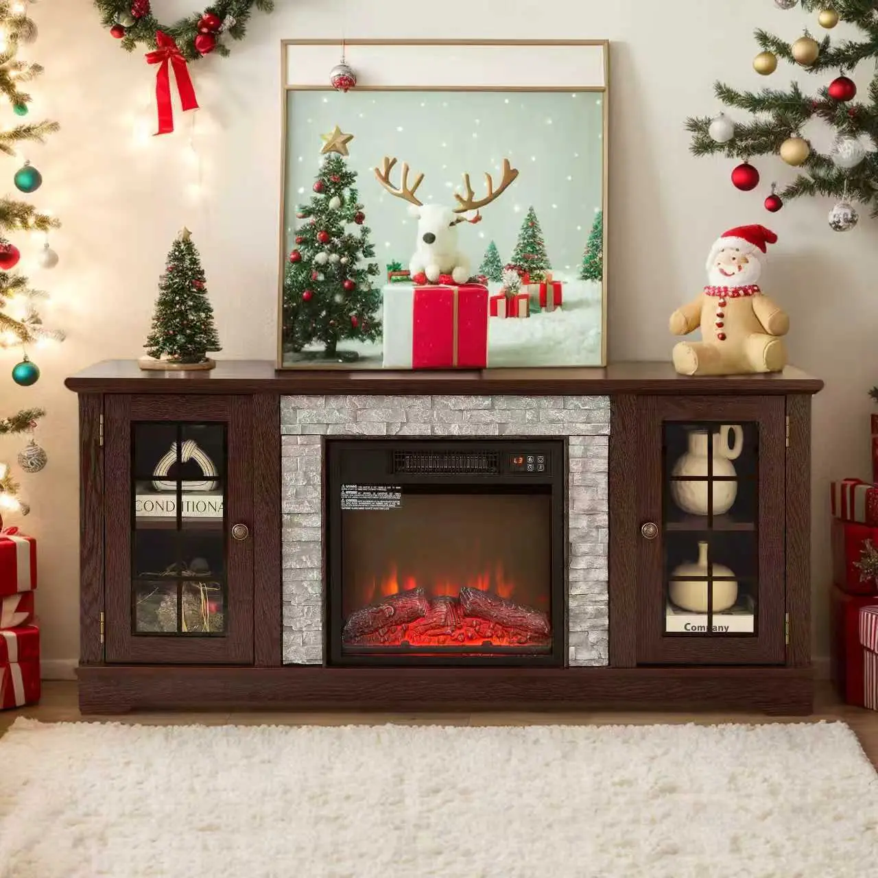 KavlSean 58" Modern Fireplace TV Stand with Realistic Stacked Stone, Entertainment Center for TVs Up to 65", Electric Fireplace with Mantel & 3D Flame Effect, Storage Cabinets and Glass Doors, TV Console Table for Living Room