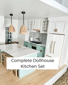 Dollhouse Kitchen, 1:12 Scale, Miniature Kitchen Furniture Set, Unpainted Dollhouse Kitchen, Mini Fridge Cabinets Island Full Kitchen