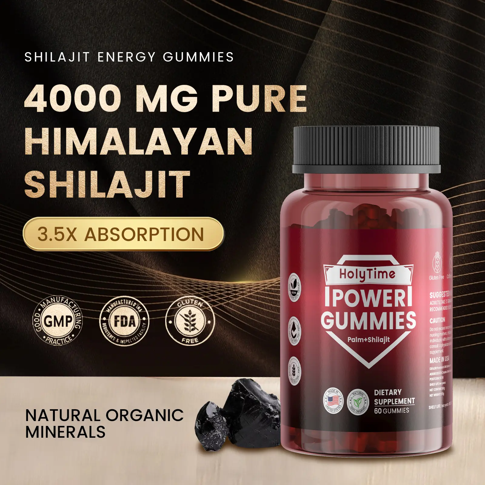 HolyTime Himalayan Shilajit Gummies | Formulated with niacin, taurine, inositol, tribulus terrestris, and other herbal ingredients | Sugar-Free | 60 Gummies | Boosts Energy, Strength, and Endurance