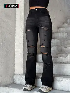 Women's  Ripped Distressed Dark Wash Skinny Stretchy Jeans, Fashion Casual Denim Trousers for Daily Outdoor Wear, Ladies Bottoms for All Seasons