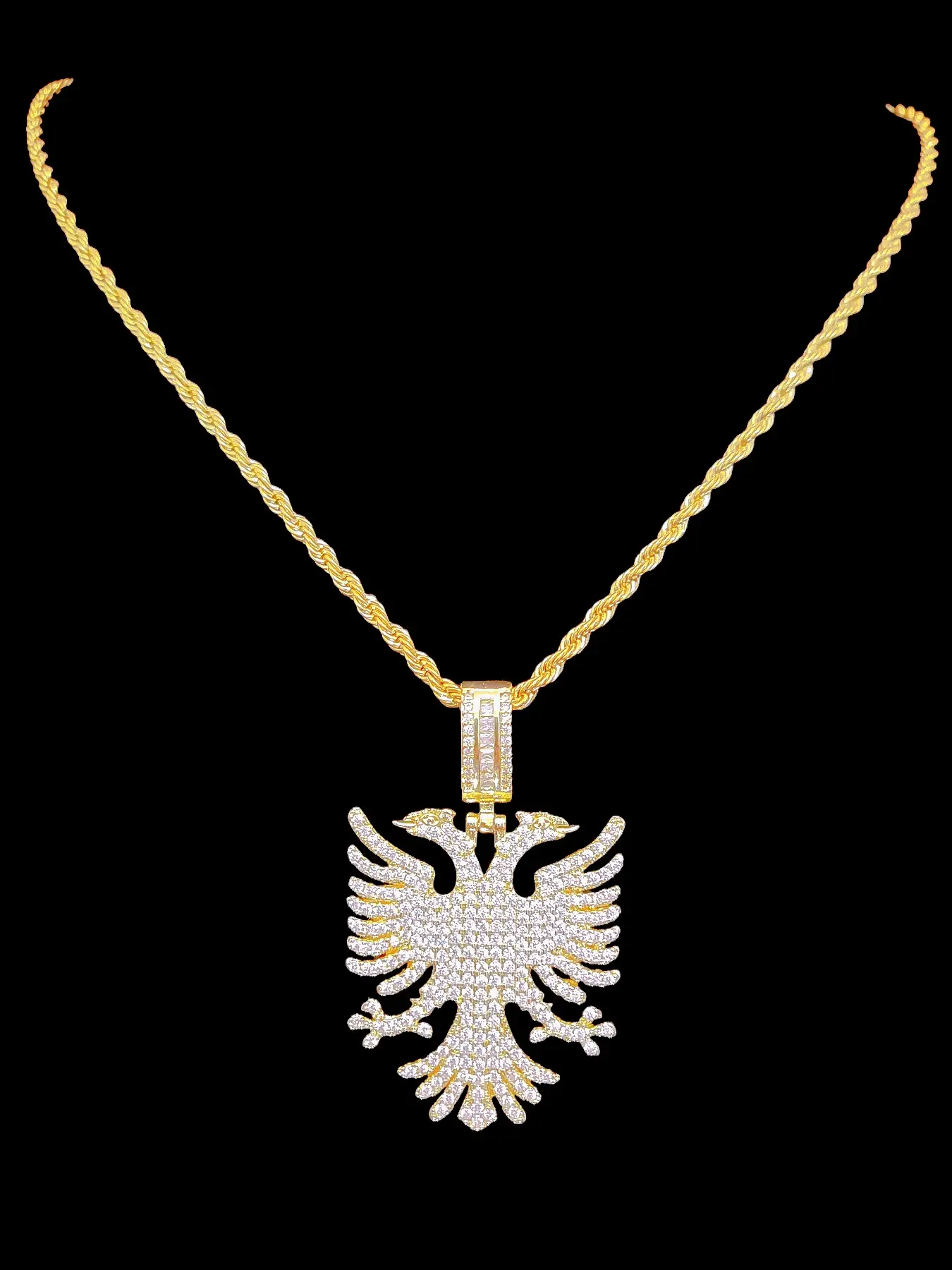 Albanian Eagle Zircon Pendant Necklace, Stainless Steel Chain, Men Women Hip Hop Punk Jewelry, Vintage Fashion, Decorative Necklace, Daily Wear & Party Gift, Zircon Stones Necklace, Chains Necklace