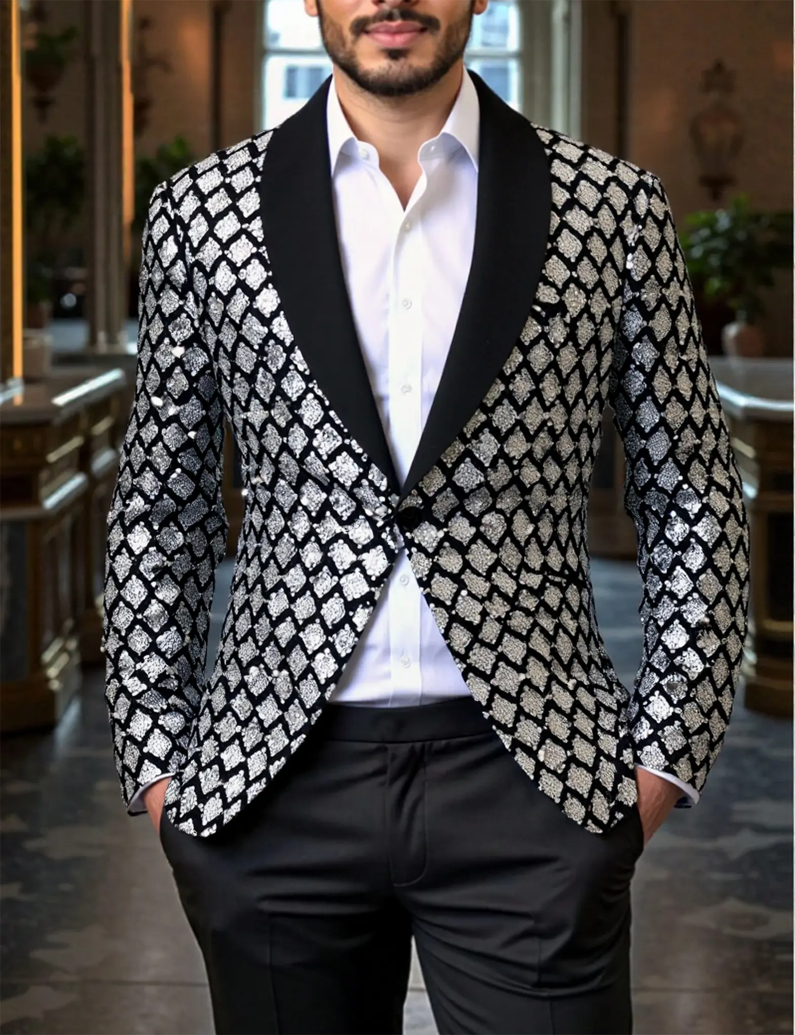 Men's Blazer with Stylish Sequined Checkered Pattern, Long Sleeve Formal Wear for Party & Cocktail Events, Menswear, Blazer Design, Statement Piece, Jacket, Suit