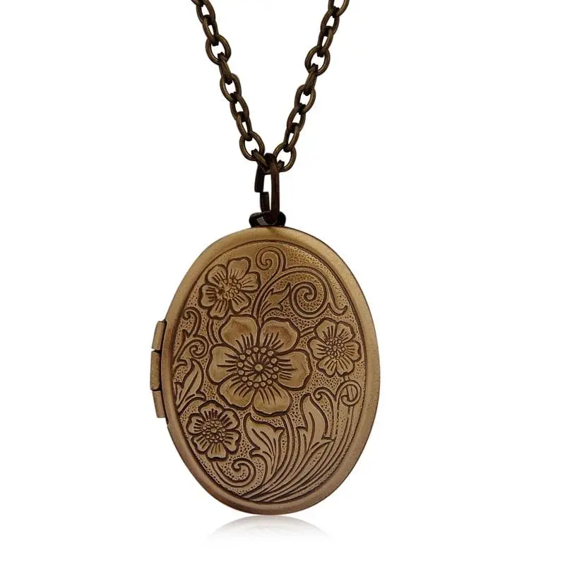 Oval Carved Flower Stripe Locket Pendatn Necklace Women Vintage Ancient Brass Opening Photo Box Jewelry