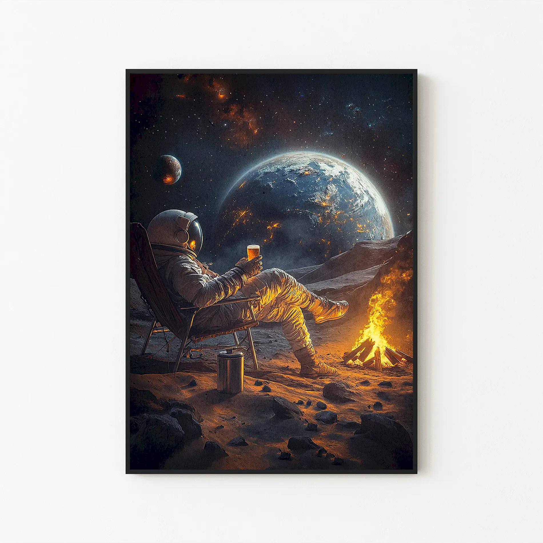 Unframed Print Only - Astronaut Relaxing on Moon Poster, Outer Space Wall Art, Cosmic Sci-Fi Decor Print