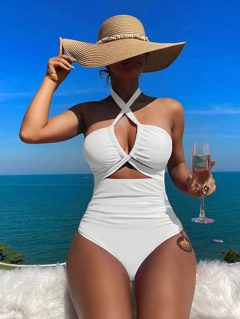 JOJO｜Tummy Control Cutout One Piece Bathing Suit, Crisscross Halter Swimwear for Women, Ruched High Waisted Monokini for Summer Vacation