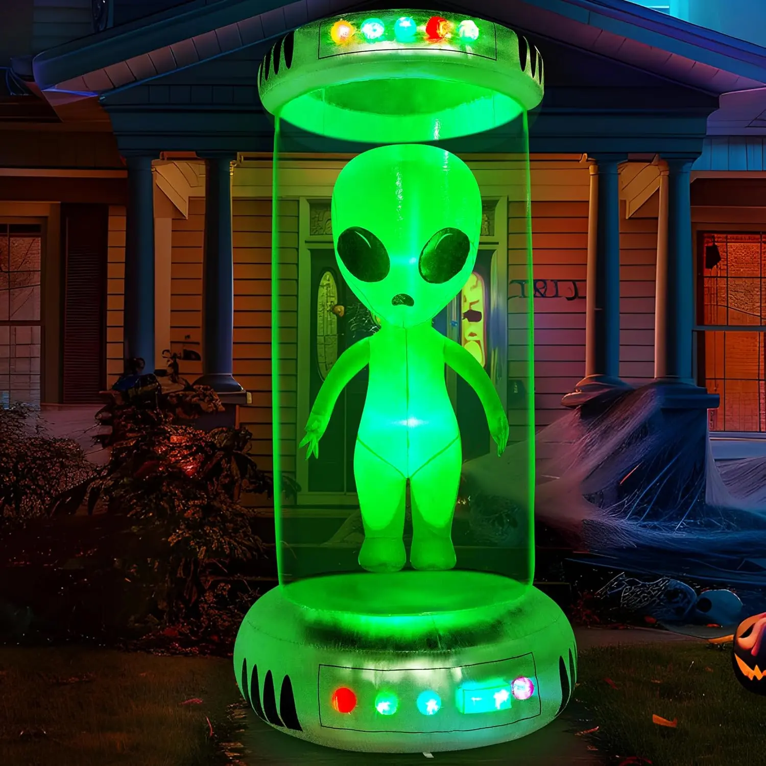 8.2FT Halloween Inflatable UFO with Alien & Animated RGB LEDs, Outdoor Blow Up Decoration with Test Tube, Weather-Resistant Yard Decor for Garden, Lawn, Party