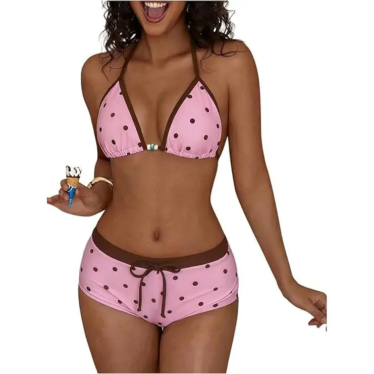 Hilor Y2K Women's Polka Dots 2 Piece Swimsuit Triangle Halter Bikini Set Boyshorts Bathing Suit