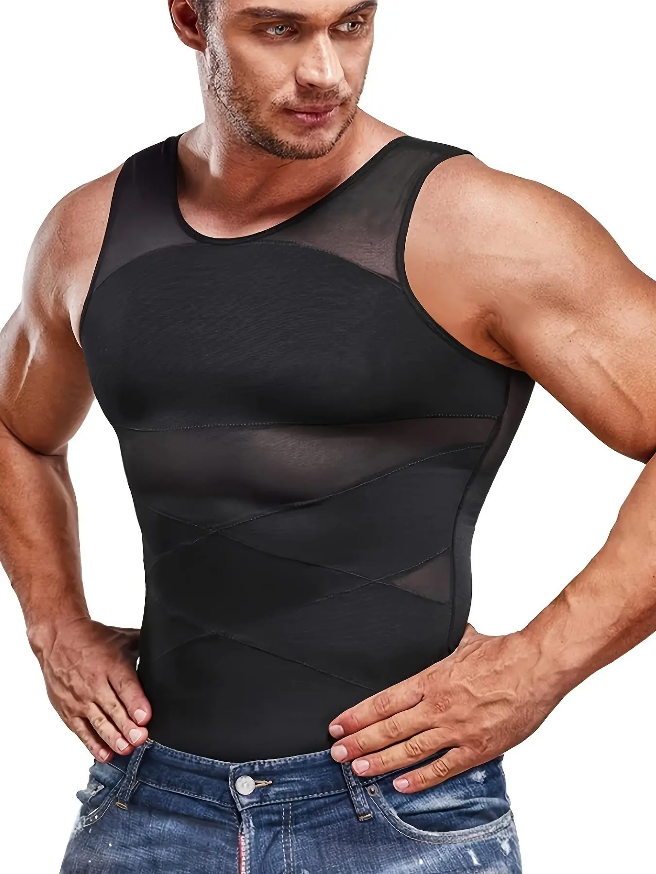 Men's Contrast Mesh Round Neck Shapewear Tank Top, Compression Shapewear Tops, Tummy Control Compression Shirt, Compression Vest for Men, Muscle Slimmer, Breathable Tank Top, Waist Trainer Vest, Compression Shaper Top