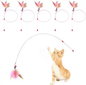 5PCS Interactive Cat Toy with Bell Feathers set Pet Cat Stick, Steel Wire Chase Stick, Cat Toy Feather Bell Teaser Stick,Pet Supplies, for Cat Exercise Play Fun Gifts,Playful Exercise