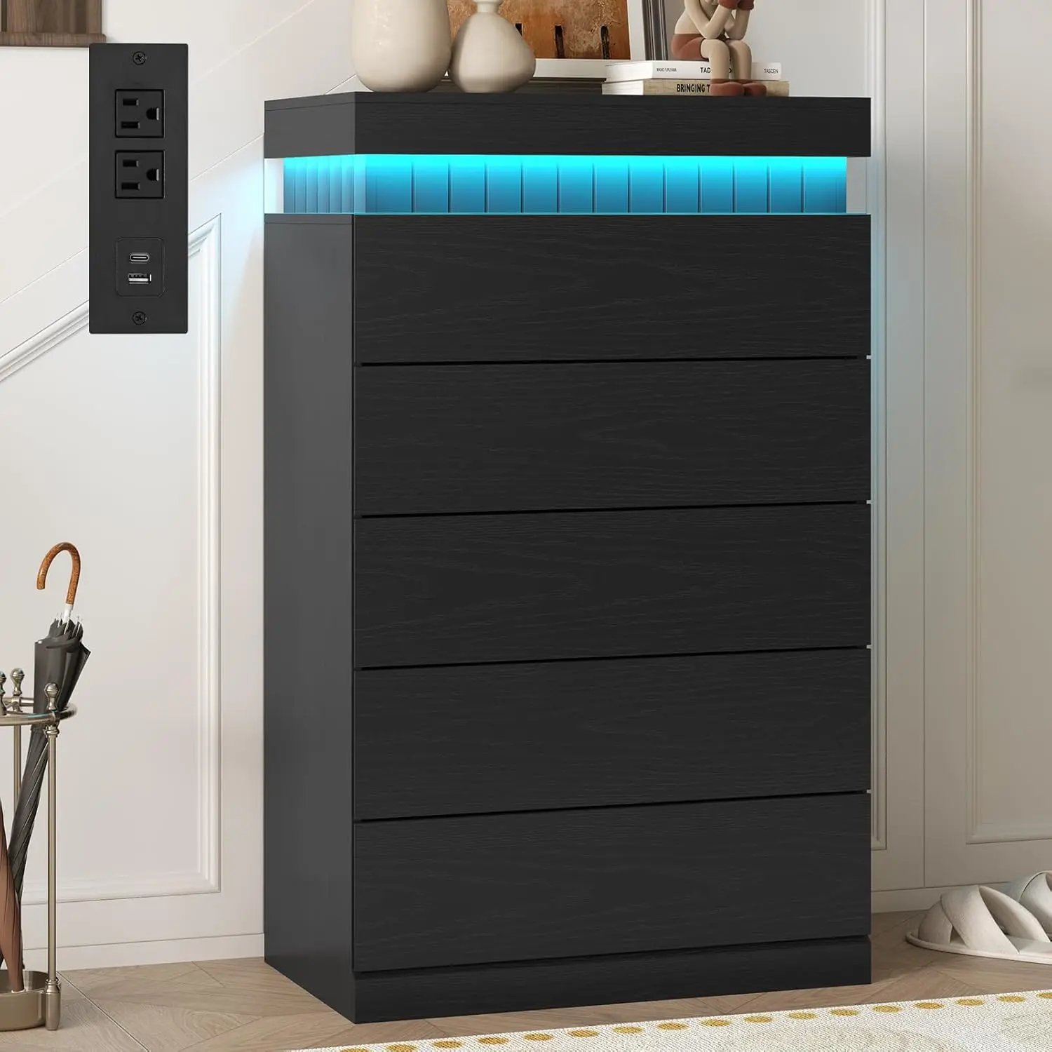 [SummerSale] Sikaic Tall 5 Drawers Dresser for Bedroom with Sliding Top Storage Space, LED Light and Power Outlet, Modern Wood Large Chest of Drawer for Living Room, Hallway, Entryway, Home Furniture, Dorm Essentials