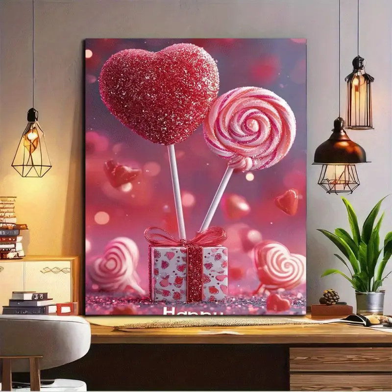 1 Piece Valentine's Day Candy Heart and Lollipop Canvas Wall Art - Pink and Red Glossy Balloons with Lollipops, Soft Pink, White, Red, Purple Hearts, Wooden Frame Modern Minimalist Style Painting, Suitable for Living Room, Bedroom, Office, Cafe Decoration