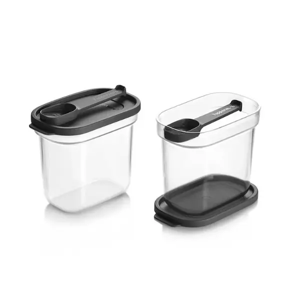 Tupperware Clear Dry Storage Container 17oz Rectangular Design Airtight Lids Dual-Sided Measuring Spoons Jet Black Kitchen Food Storage Essential Set Utensil - Cover