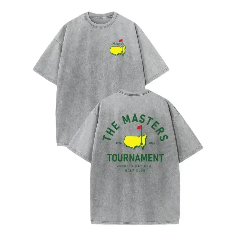 "THE MASTERS" golf pattern unisex washed T-shirt, high-quality printed T-shirt in washed cotton, men's summer clothing, comfortable T-shirt, suitable for street retro and outdoor sports casual wear, Y2K style clothing, sports T-shirt Fabric Customized sum