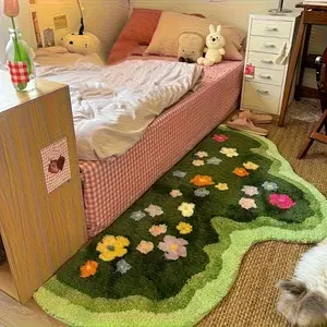 1pc Green Moss Flower Carpet Girl's Heart bedroom decor Plush rug Nordic style carpets for living room Fluffy soft bedside carpet home irregular shaped non slip floor mat Decorative Rug Mat
