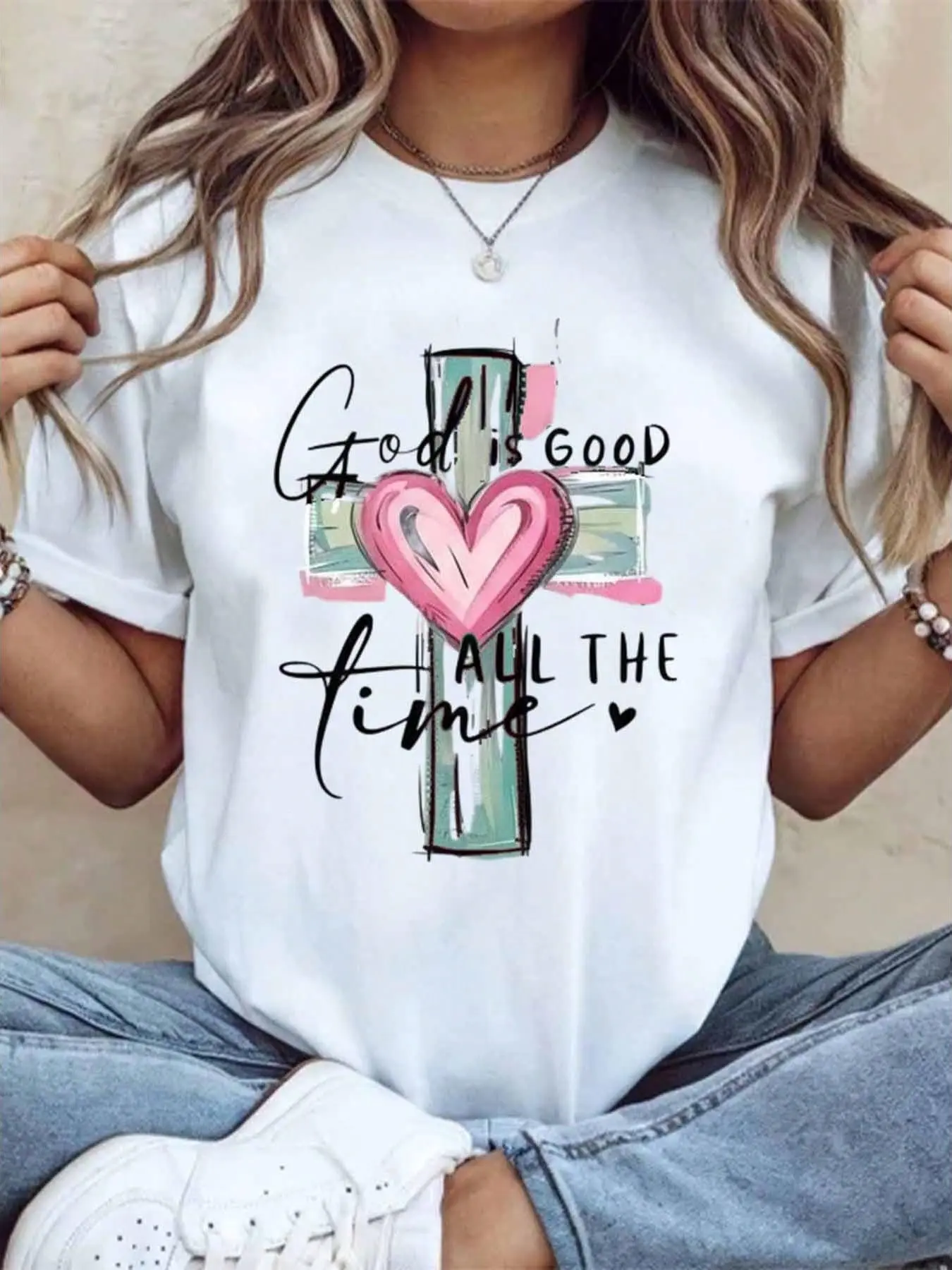 Women's "God Is Good" Christian Graphic Tee, Cute Inspirational Short-Sleeve T-Shirt in Soft 100% Cotton, Lightweight Loose Fit, Shortsleeve, Printed, Round Neck, Style, Tops, T Shirts Women, Breathable, Unisex, All Over Print, Heart, Solid, Casual