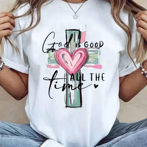 Women's Christian "God Is Good" Graphic Sport Top - 100% Cotton, Short-Sleeve, Elastic, Loose Fit, Crew Neck, Heart All Over Print, Solid, Breathable, Lightweight, Soft, Cute Shirts, Shirts for Women, Christian Clothing, Anti-Pilling Casual Streetwear
