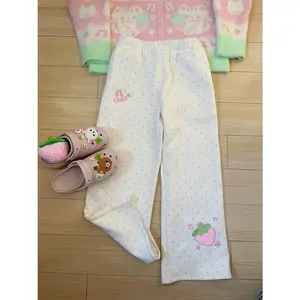 Women's Kawaii Sweet High-Waist Wide-Leg Pants, Cute Strawberry Embroidery Bottoms, Japan Preppy Style Lady Casual Clothes for Spring
