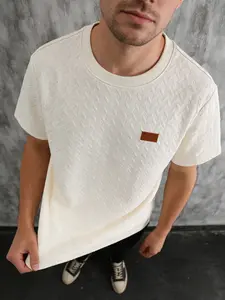 Men's Gingham Textured Fabric T-Shirt, Round Neck Short Sleeve, Classic Casual Fitted Long Innerwear, Luxurious Daily Wear, Menswear