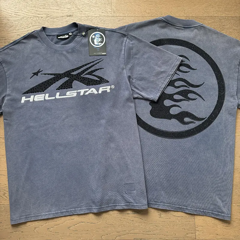 Hellstar Winged Logo T-Shirt, Rhinestone Flame Circle Back Graphic with Washed Gray Heavy Cotton, Relaxed Unisex Streetwear Tee for Men Women, Vintage Hip Hop Outfit Fashion Accessories