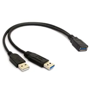 USB 3.0 Female to Dual USB Male Extra Power Data Extension Cord Adapter Splitter Y- Black