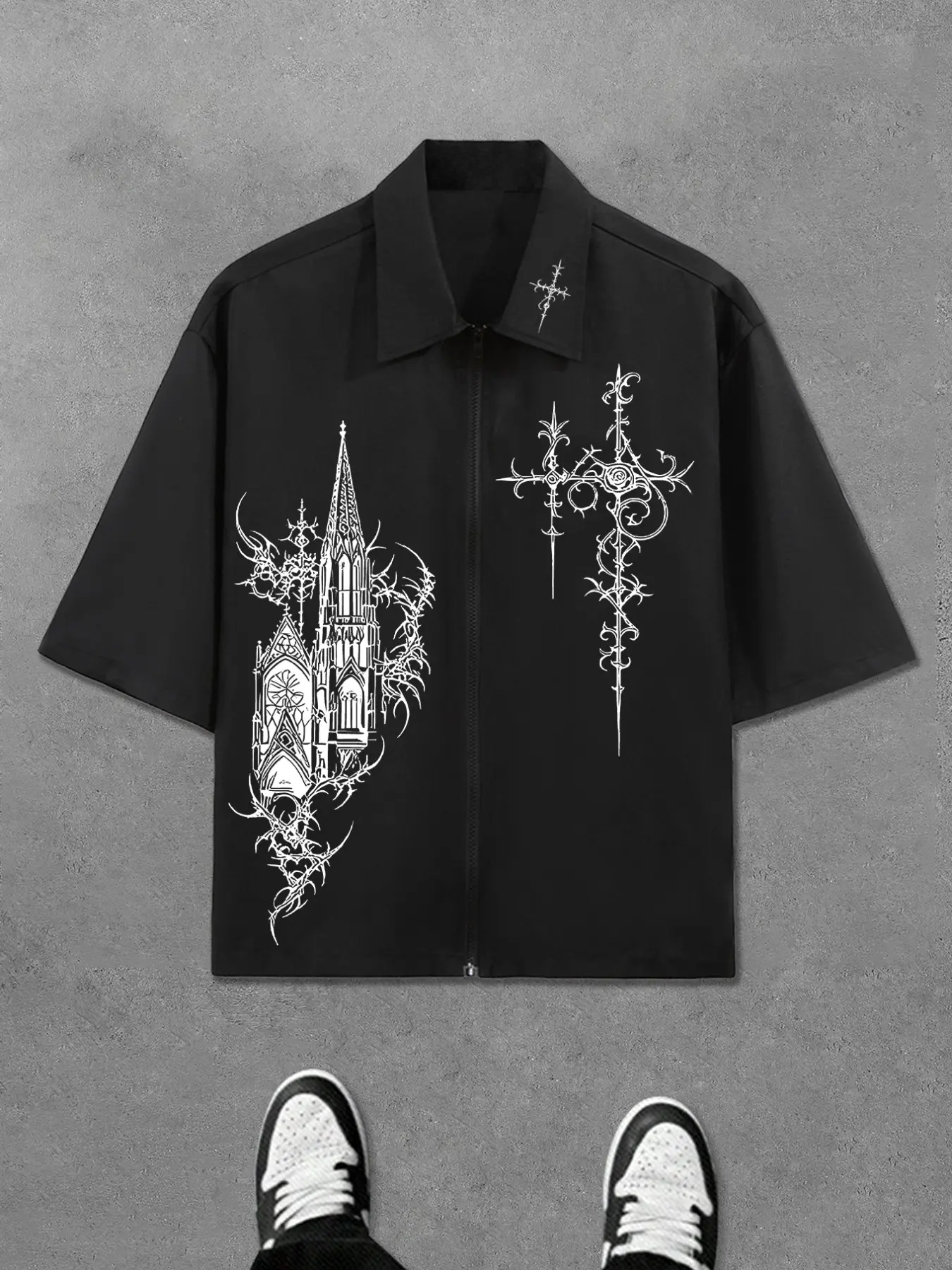 Men's Cyber Sigilism Gothic Cathedral Print Zip-Up Shirt - Oversized Darkwear Short Sleeve Top for Opium Style & Alt Streetwear Aesthetic Casual Style Graphic Streetwear Shirt