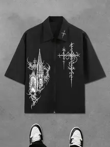 Men's Cyber Sigilism Gothic Cathedral Print Zip-Up Shirt - Oversized Darkwear Short Sleeve Top for Opium Style & Alt Streetwear Aesthetic Casual Style Graphic Streetwear Shirt