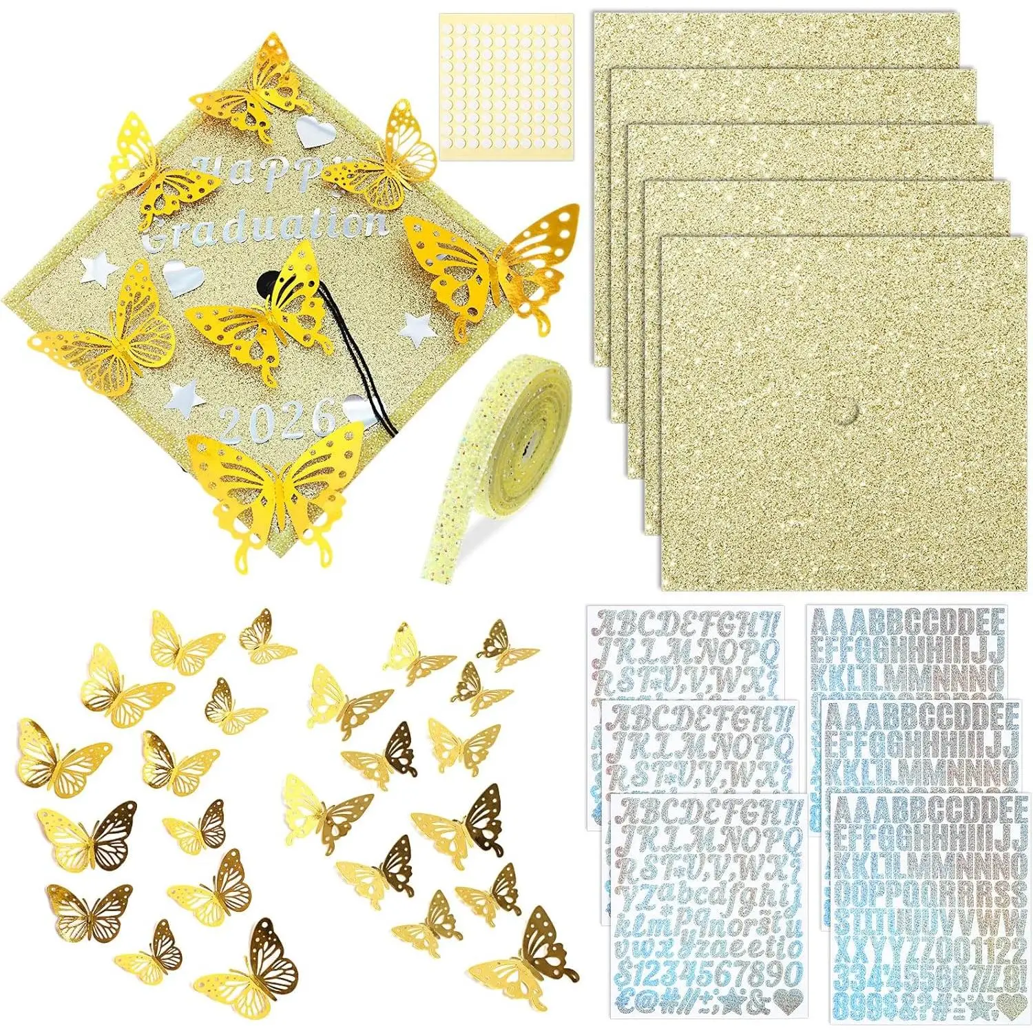37 count DIY Graduation Cap Decorations Kit, Glitter Papers,  Butterfly Self Adhesive Rhinestones Stickers Alphabet Letter Stickers for 2026 Grad Hat Decor Party Supplies()