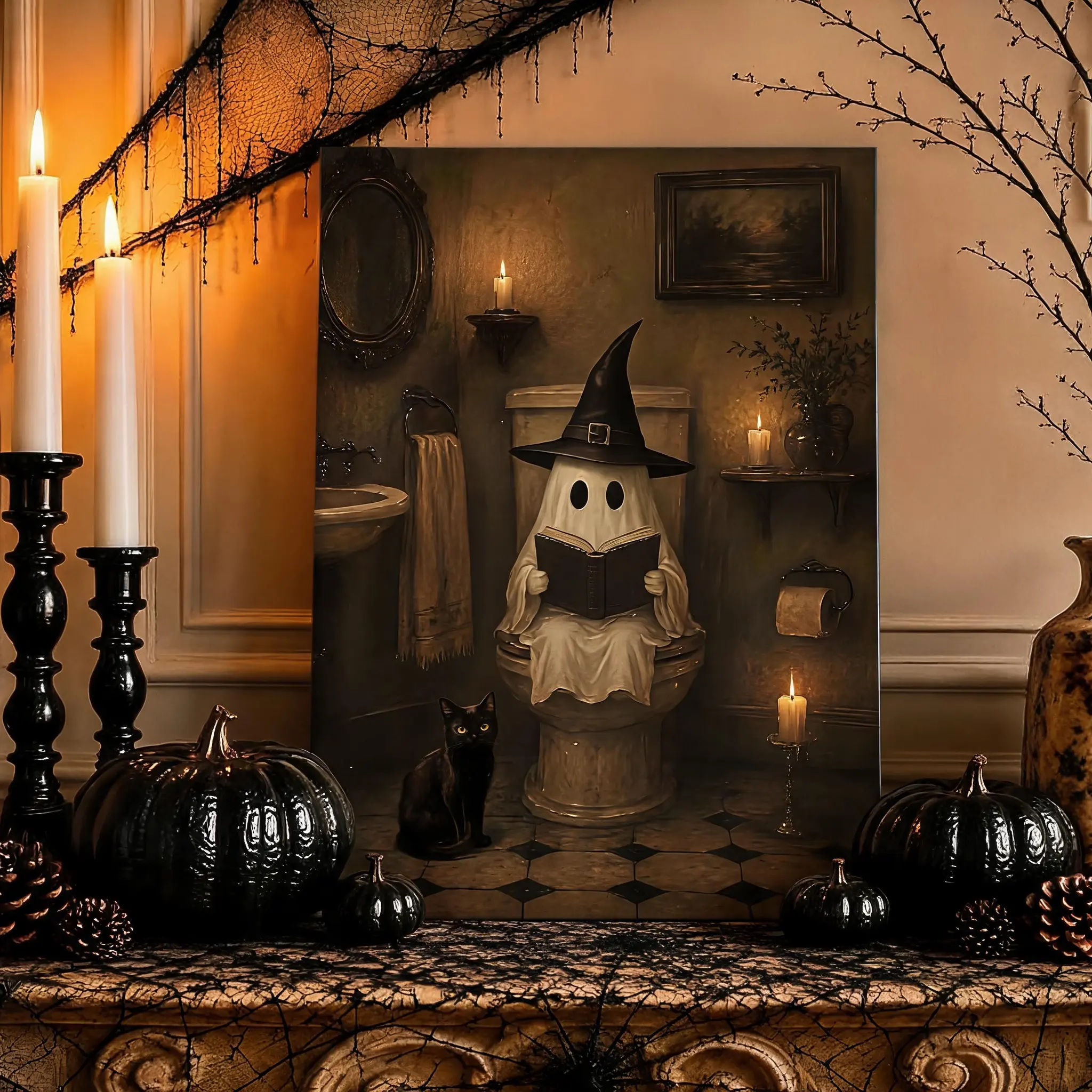 Horror Theme  Ghost Witch Wall Art Poster, Halloween Aesthetic Decor, Black Cat Vintage Print, Gothic Cottagecore Room Decoration, Spooky Home Wall Decor