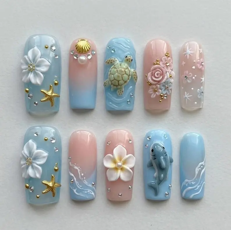 Summer Vibe Press On Nails 3D Sea Turtle Shark Pastel Floral Pearl Starfish Ocean