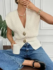 Women's Cream Cable Knit Vest, Spring Summer Short Sleeve Sweater, V Neck Fitted Design, Casual Fashion, Breathable Knitwear