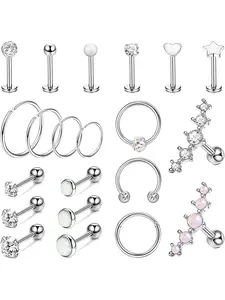 21PCS Cartilage Earrings Hoop Studs for Women Men 316L Stainless Steel Heart Moon Labret Studs Lip Rings Nose Rings CZ Opal Helix Tragus Earrings Conch Daith Piercings Jewelry S