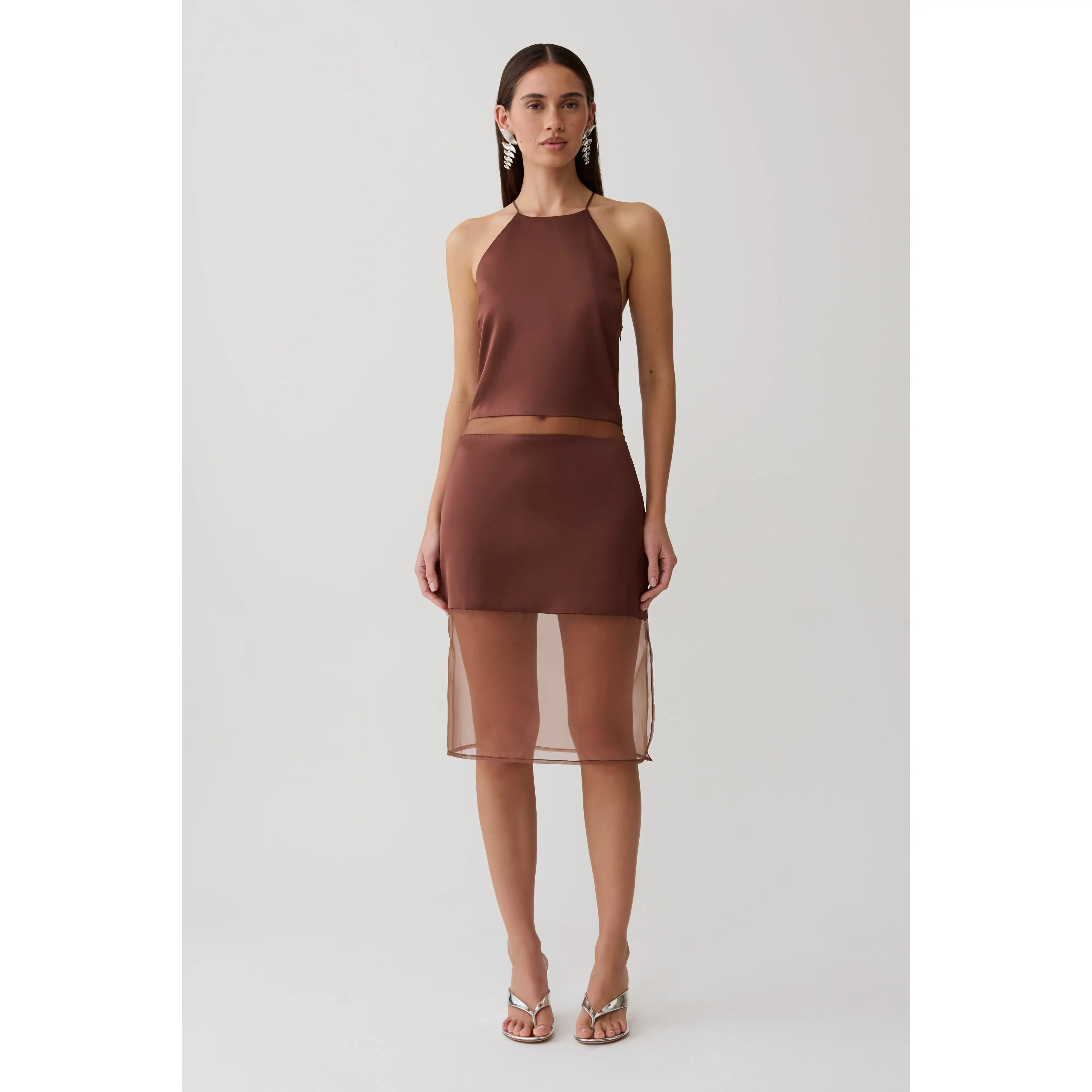 Priscilla Sheer Halter Midi Dress - Dark Chocolate Priscilla Sheer Halter Midi Dress - Dark Chocolate
