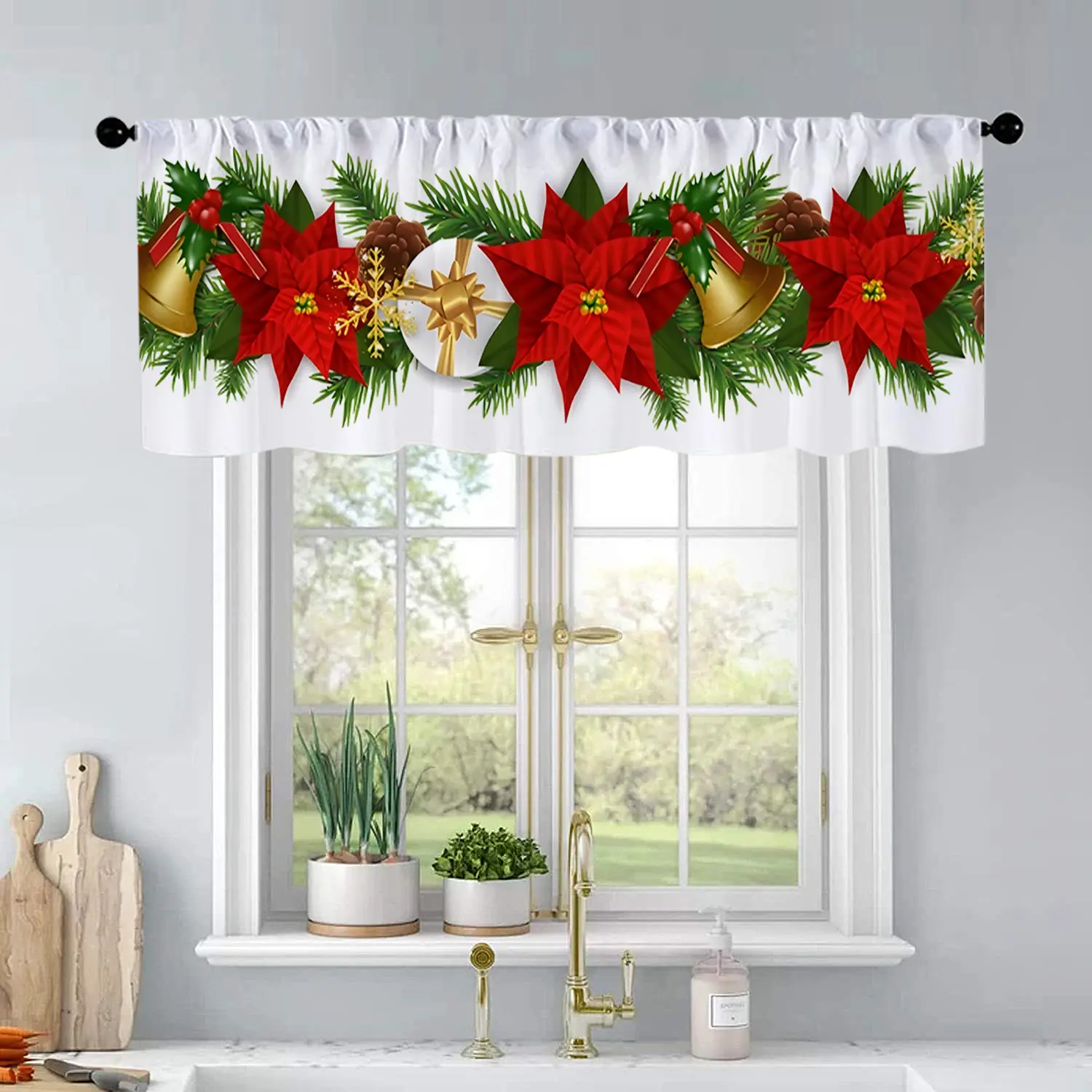 1Pc Christmas And New Year Printed Kitchen Curtains Christmas And New Year Border Deco Curtains Curtain Valance Living Room Bedroom Bathroom Home Decor Home Decoration Curtain Home Decorative Curtain 54X18 Inch