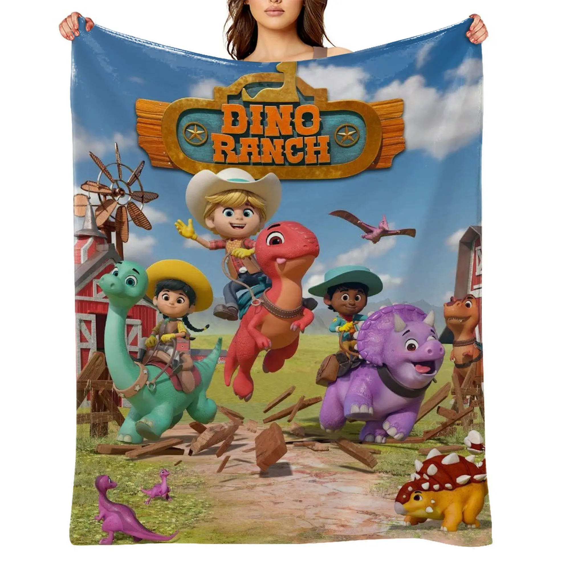 Dino Ranch Anime Flannel Throw Blanket - Ultra Soft, Wrinkle Resistant, Anti-Shrink, Durable, Quick-Dry, Machine Washable - Ideal for Netflix Marathons, Perfect Gift (A-28), Adults