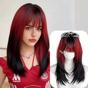 Lotfon Women's non adhesive synthetic wig, Red to Black Ombre medium long hair, Simulated scalp on the top of the head, natural and realistic, adjustable head circumference, comfortable fit, easy to wear, instantly giving you a fashionable hairstyle