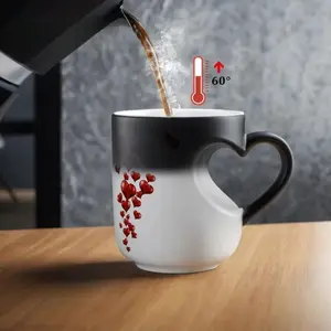 2026 New Color-Changing Ceramic Mug with Heart Handle Heat-Sensitive Red Heart Coffee Mug Ideal for Valentine's Day Christmas & Birthday Gifts