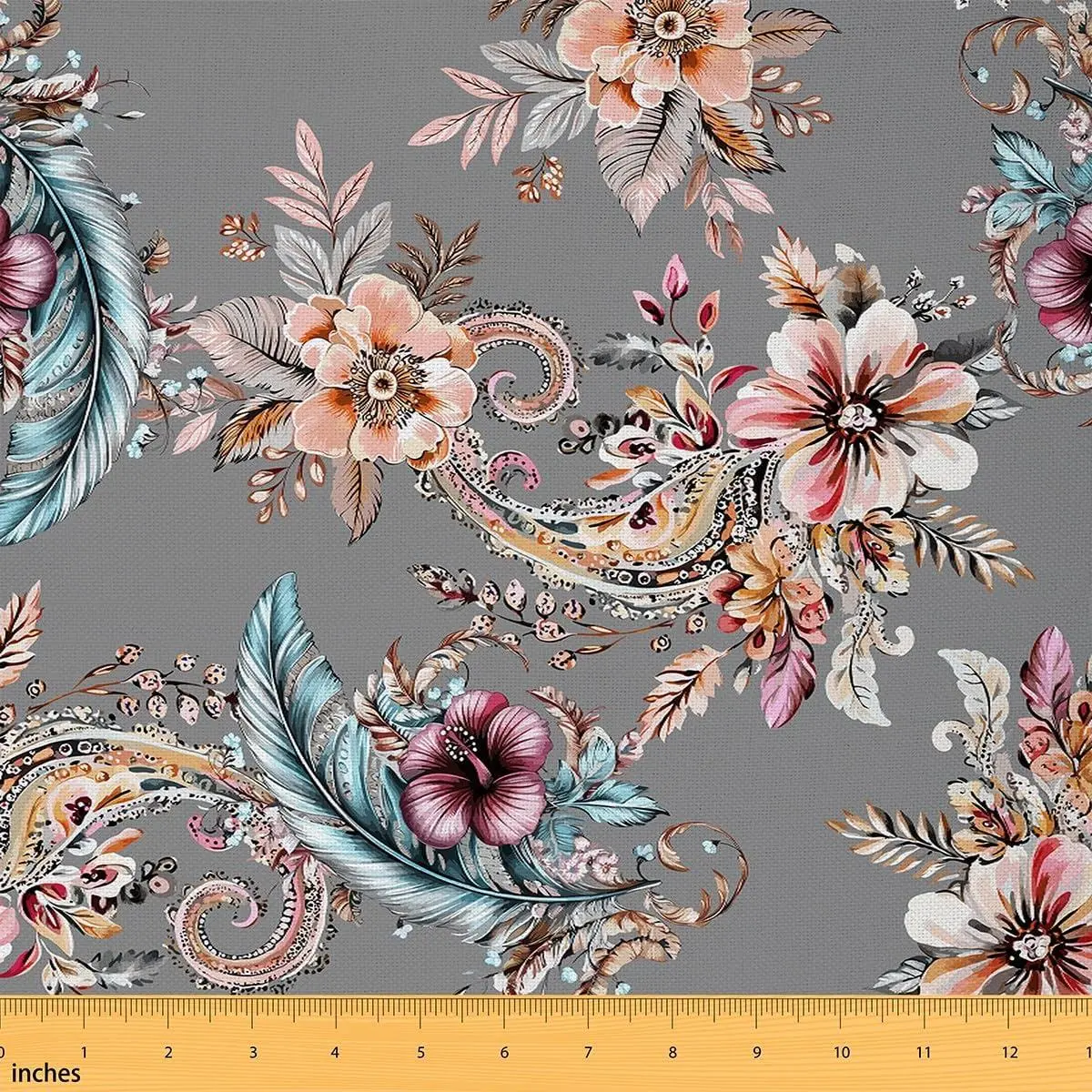 Paisley Floral Upholstery Fabric,Ethnic Floral Flowers Leaves Reupholstery Fabric Chairs,Vintage Branches Room Decorative Fabric Outdoor and Home DIY Projects,,Grey