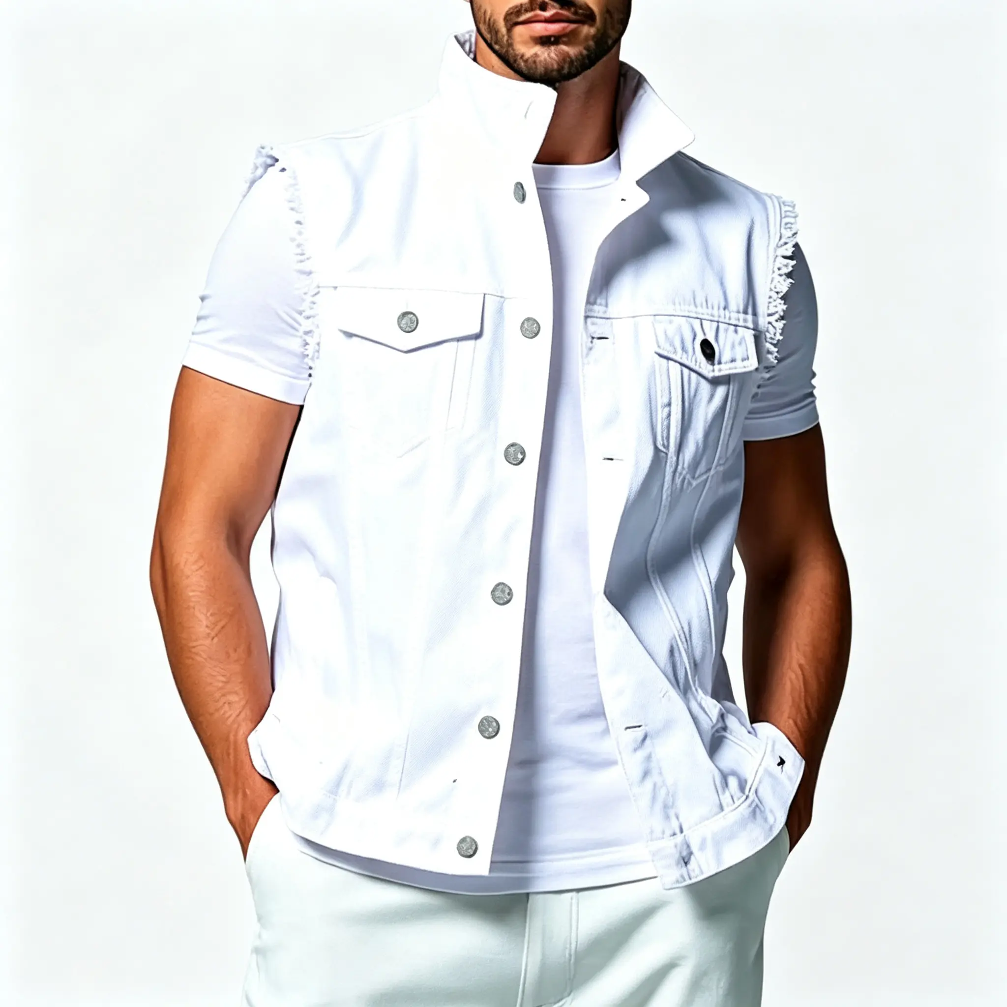 Streetwear White Men's Cowboy Jacket Trendy Brand High Street Versatile Short Sleeve Vest Personalized Washed Haired Men's Coat