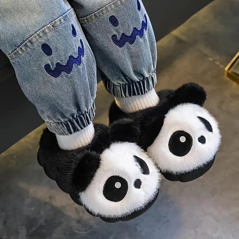 New1 Pair Kids' Plush Slip-On Slippers - Winter Warm House Shoes, Cute Panda Interior, Soft Plush Exterior, Non-Slip PVC Sole - for Toddlers, Boys & Girls - Birthday/Christmas Gift - Easy Slip-On Indoor/Outdoor Footwear