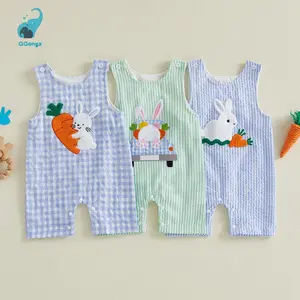 Baby Boy Easter Romper Sleeveless Round Neck Bunny Embroidery Jumpsuit Newborn Playsuit
