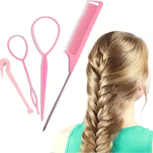 4-Piece Topsy Tail Hair Styling Kit, DIY Hair Styler, Includes Curling Tools, Braiding Tools, Rat Tail Comb, Ponytail Holder, Hairband Remover, Cutter, Heatless Curling Set, Heatless Curler, Hair Curlers, Hair Curler Rollers