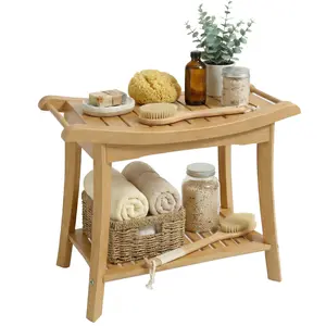 Shower Bench Wood Water Proof Ergonomic Shower Stool with Storage Shelf for Bathroom Spa Natural Finish & Organizing, 60X33x46cm, Rounded Edges