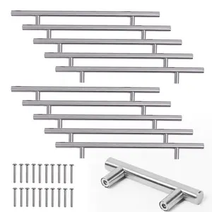 10X Stainless Steel T bar Modern Kitchen Cabinet Door Handles Drawer Pulls Knobs Screws