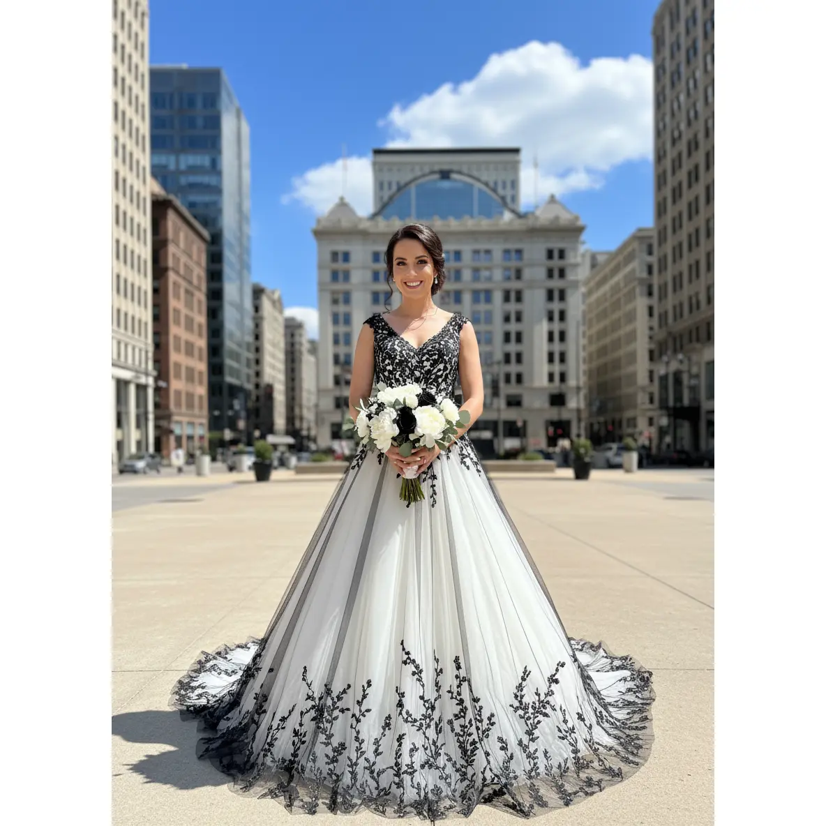 Katrina Black and Ivory Wedding Dress with sleeves , Grey Wedding Dress, Black and Ivory Wedding Dress