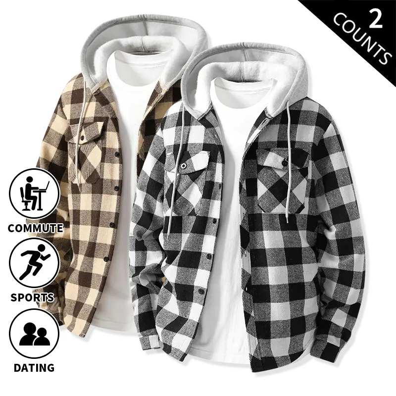 2-Pack Men’s Plaid Hooded Shirt Jacket, Button-Down Flannel Shacket with Drawstring Hood, Loose Casual Long-Sleeve Plaid Outerwear for Everyday Wear