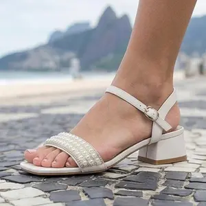 Women’s Pearl Single-Strap Chunky Heel Sandals - Gentle Style Shoe & Footwear, Ideal for Commuting and Dates