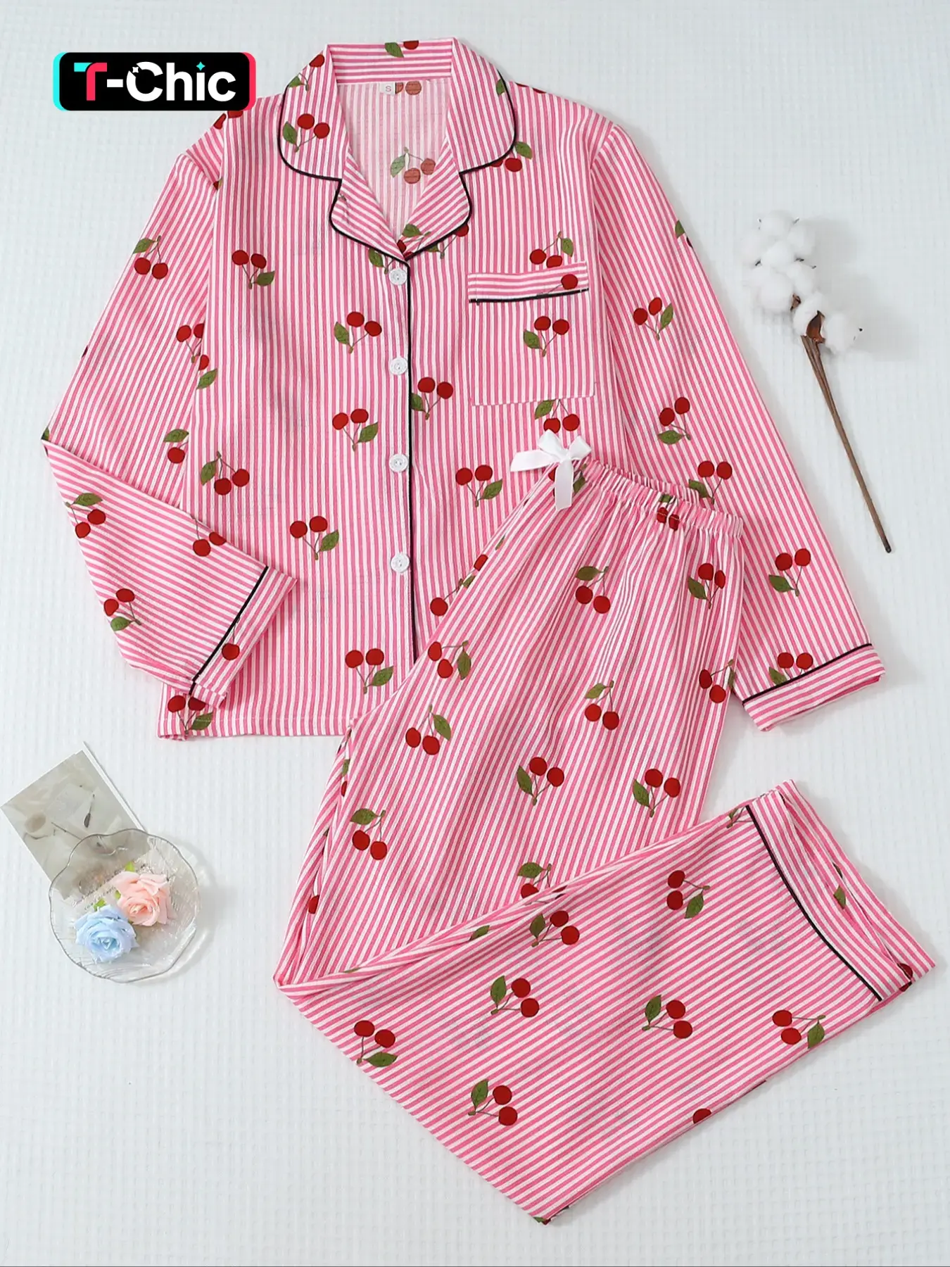 Women's Cherry Print Pajama Set, Long-Sleeve Comfortable Fitted Sleepwear & Loungewear with Casual Striped Pattern, All-Season Woven Fabric, Pjs, Fruit Print Pajama, Pajamas Sets