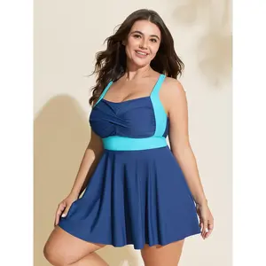 BLOOMCHIC Plus Size Color Block Twist Front Swim Dress - Body-Hugging, Elastic Fit, Figure-Flattering, Chic Curve, Cup-Shaped, Built-In Padding 2026 Summer Swimwear [M-6X], Body-Hugging Swimdresses, Built-In Padding Swimdresses